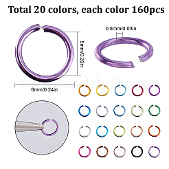 3200本20色アルミ線オープン丸カン  ラウンド  ミックスカラー  20ゲージ  6x0.8mm  内径：5mm  160個/カラー&nbsp;ALUM-SC0001-08