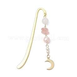 Natural White Jade & Topaz Jade & Aquamarine & Ametrine & Cherry Quartz Glass Chips & Stainless Steel Pendants Moon Charm Bookmarks&nbsp;AJEW-JK00372