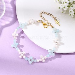 銅線と貝殻、真珠、天然染めのイエロージェイドのビーズを使った女性用ブレスレット  クロス  8.07インチ（20.5cm）&nbsp;BJEW-JB13914