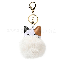Imitation Rex Rabbit Fur Ball & PU Leather Cat Pendant Keychain&nbsp;X1-KEYC-K018-05KCG-01