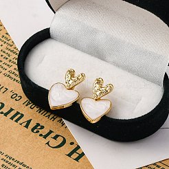 女性用ラックメッキハート真鍮スタッドピアス  エナメル  カドミウムフリー＆鉛フリー  長持ちメッキ  18KGP本金メッキ  ホワイト  23x14mm&nbsp;EJEW-C125-26G-01