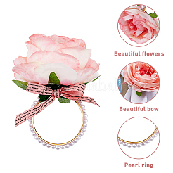 人工バラの花布ナプキン リング  合金とプラスチックのイミテーションパールホルダーバックル付き。  結婚披露宴、誕生日パーティー、ディナーテーブルの装飾に。  ゴールドカラー  5x56.5mm  内径：47mm&nbsp;AJEW-WH0314-75