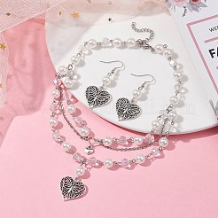 チベットスタイル合金ハートジュエリーセット  ガラスパールダングルイヤリング＆304ステンレススチールチェーンビブネックレス  アンティークシルバー  340mm  49.5x22mm&nbsp;SJEW-JS01287