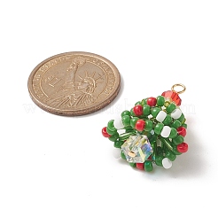 クリスマステーマのガラスシードビーズペンダント  ゴールデン真鍮パーツ  木のチャーム  カラフル  32.5x23mm  穴：2.3mm&nbsp;PALLOY-TA00027