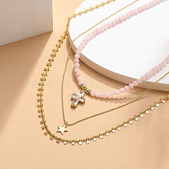 3 個 3 スタイル ナチュラル ローズクォーツ クロス & スター ペンダント ネックレス セット 真鍮 チェーン付き  女性のためのアクセサリー用原石のアクセサリー  ゴールドカラー  15.35~19.84インチ（39~50.4cm）  1個/スタイル&nbsp;NJEW-JN04032
