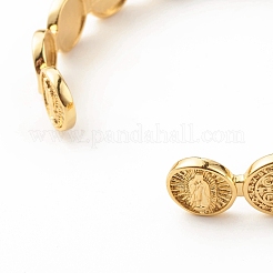 Brass Flat Round with Rosary Jesus Open Cuff Bangle for Women&nbsp;BJEW-B054-04G