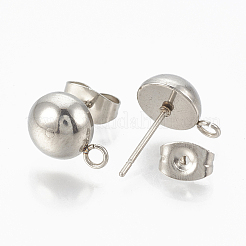 変色しない201ステンレススチールスタッドピアス金具  ループと304ステンレススチールピン付き  ドーム/ハーフラウンド  ステンレス鋼色  11x8mm  穴：1.8mm  ピン：0.8mm&nbsp;X-STAS-Q225-16A-8mm