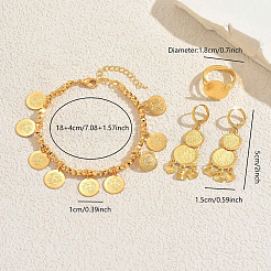 女性用ヴィンテージ真鍮コインブレスレット、イヤリング、リングセット  18KGP本金メッキ  ブレスレット：7.09インチ（18cm）&nbsp;HY7265