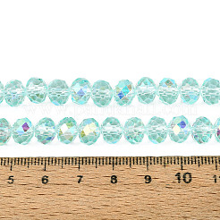 透明ガラスビーズ連売り  ロンデル  半分メッキ  ABカラーメッキ  多面カット  ターコイズ  8x6.5~7mm  穴：1.2~1.4mm  約64~65個/連  16.34~16.54インチ（41.5~42cm）&nbsp;EGLA-N016-8mm-08