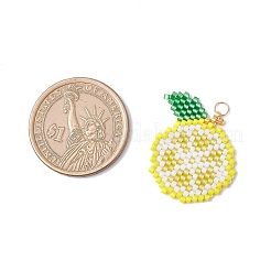 ガラスシードビーズのレモンペンダント  304ステンレススチール製丸カン付き  18KGP本金メッキ  きいろ  26x27x1.5mm  穴：3mm&nbsp;PALLOY-MZ00814-01