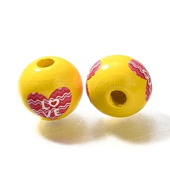 バレンタインデーの要素をプリントした木製ビーズ  ラウンド  ゴールド  16mm  穴：4mm&nbsp;WOOD-R002-01-07