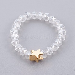 電気メッキガラスビーズストレッチ指輪  真鍮のパーツと  スター  18~22mm&nbsp;RJEW-JR00238-M