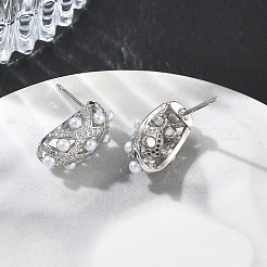 真鍮製 マイクロパヴェ キュービックジルコニア スタッドピアス 女性用  ハーフフープピアス  ABSの模造パールと  ラックめっき  長持ちメッキ  鉛フリー＆カドミウムフリー  プラチナ  16x10mm&nbsp;EJEW-A168-20P