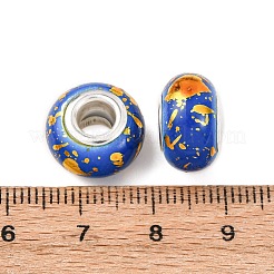 不透明樹脂ロンデルヨーロピアンビーズ  金箔とシルバートーンの真鍮ダブルコア付き  大穴ビーズ  ブルー  13.8x8.5mm  穴：4.5~5mm&nbsp;RESI-Z046-01H