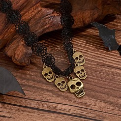Halloween Gothic Alloy Skull Tassel Black Polyester Flower Lace Choker Necklaces for Women&nbsp;FS-WGBADFE-01
