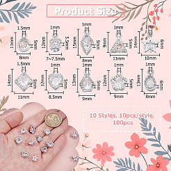 100個10スタイルアロイキュービックジルコニアチャーム  混合図形  プラチナ  11~14x7~10x5~6mm  穴：1~1.5mm  10個/スタイル&nbsp;ZIRC-HS0001-10P