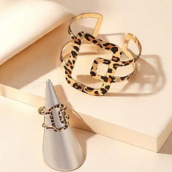 Rectangle Alloy Leopard Print Cuff Bangles & Cuff Rings Sets&nbsp;WGBC924-01