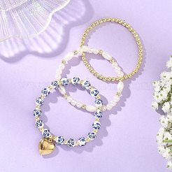 女性用プリント磁器ビーズ、合成ヘマタイトビーズ、ABS樹脂パール、316サージカルステンレススチール製ハート型ストレッチブレスレットセット（3種類）3個  ブルー  7.28~7.48インチ（18.5~190cm）  内径：2.17インチ（5.5cm）  1個/スタイル&nbsp;BJEW-JB14204-02