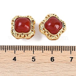 真鍮パヴェ天然カーネリアン（染色＆加熱）ビーズ  正方形  18KGP本金メッキ  13x13x12.5mm  穴：2.3mm&nbsp;KK-U043-38G-01