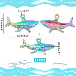 ラックメッキ304ステンレススチールペンダント12個  カドミウムフリー＆ニッケルフリー＆鉛フリー  鮫  虹色  17.5x32x3.5mm  穴：2mm&nbsp;STAS-UN0036-36