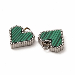 合成マラカイト染めハートチャーム  304ステンレススチール製金具付き  ステンレス鋼色  12x11x3mm  穴：2mm&nbsp;STAS-A076-08P