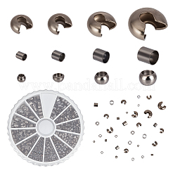 DIYジュエリー作りのパーツキット  アイロンクリンプビーズカバーを含む  真鍮製つぶし玉カバーカシメ玉カバー  真鍮製つぶし玉カシメ玉  ガンメタ色  1.5~5x1.2~5mm  穴：1.2~2.5mm; 1370個&nbsp;DIY-PH0030-32B