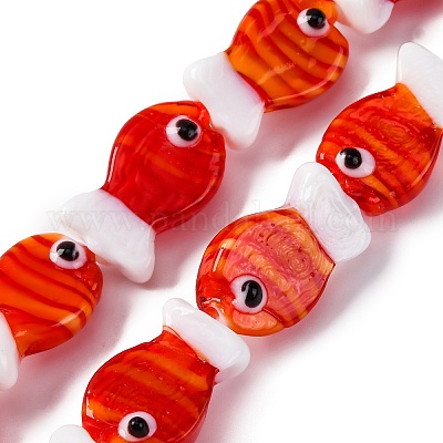 手作りランプワークビーズ連売り  魚  レッド  20~21x12~12.5x7.5~10.5mm  穴：1.2mm  約20個/連  16.26インチ（41.3cm）&nbsp;LAMP-G154-07M-1