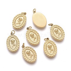 Valentine's Day Ion Plating(IP) 316 Surgical Stainless Steel Charms, with Jump Ring, Oval with Rose, Golden, 13.5x8.5x2mm, Hole: 1.6mm
