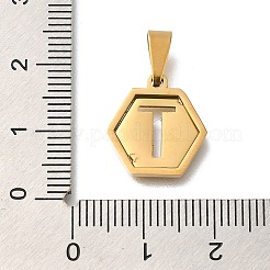304ステンレススチールチャーム  18KGP本金メッキ  レターチャーム付き六角形  文字t  15x14x1.5mm  穴：3x5.5mm&nbsp;LS-STAS-H227-01G-T
