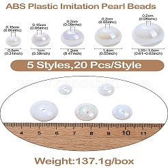 100 個 5 スタイル ABS プラスチック模造パールビーズ  ラウンド  ホワイト  8~16x8~15.5mm  穴：1.5~2mm  20個/スタイル&nbsp;KY-CJ0002-03