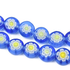 ハンドメイドミッレフィオーリガラスフラットラウンドビーズ連売り  シングルフラワーデザイン  藤紫色  6x2.5mm  穴：1mm  約64~68個/連  14.5~15インチ&nbsp;LK-P010-04