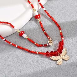 Resin Mushroom & Natural Shell & Glass Seed Beaded Alloy Butterfly Charm Double Layer Stretch Waist Chains for Women&nbsp;FS-WGE52BD-01