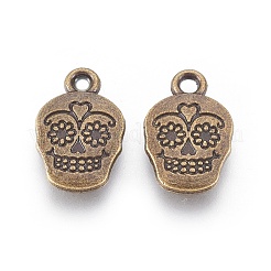 メキシコの休日の死んだ砂糖頭蓋骨チベットスタイル合金金属ペンダントの日  メキシコの死者の祝日  鉛フリー＆カドミウムフリー  アンティークブロンズ  18x12x3mm  穴：2mm&nbsp;LS-TIBEP-21061-AB-LF