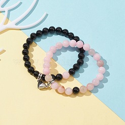 2Pcs 2 Style Natural Black Onyx & Plum Blossom Jasper Beaded Stretch Bracelets Set&nbsp;BJEW-TA00285