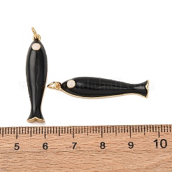 真鍮チャーム  魚  エナメル  ゴールドカラー  カドミウムフリー＆鉛フリー  ラックめっき  長持ちメッキ  丸カン付き  ブラック  34x8x4.5mm  穴：3.2mm&nbsp;KK-D019-29C-05G