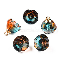 透明スプレー塗装ガラスチャーム  ライトゴールドメッキ真鍮パーツ  ツートン  花  サンゴ  14x13x13mm  穴：2mm&nbsp;GLAA-N035-031-G02