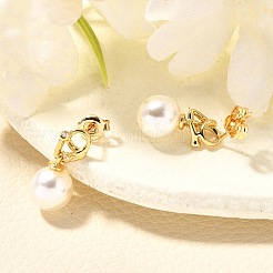 Round Brass Micro Pave Cubic Zirconia & ABS Plastic Pearl Dangle Stud Earrings&nbsp;EJEW-C126-06G