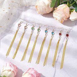 ガラスと真鍮のボストンリンクチェーンのダングルイヤリング  ハート  ゴールドカラー  ミックスカラー  5-1/8x3/8インチ（13.1x0.9cm）&nbsp;EJEW-JE06096