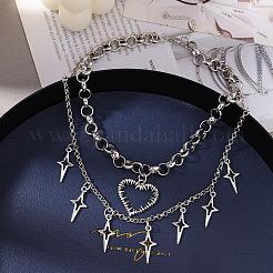 Alloy Hollow Heart and Star Pendant Double Layer Necklaces for Women&nbsp;WG6A60D-01