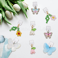 8 個のプラスチックモバイル防塵プラグ  蝶の花のガラスとアクリルのチャーム付き  ミックスカラー  26~31mm&nbsp;HJEW-BM00003
