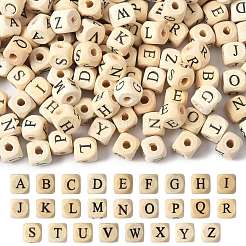 208個 26種類のプリント天然木ビーズ  水平穴  頭文字を持つキューブ  パパイヤホイップ  a～zの文字  10x10x10mm  穴：3.5mm  8個/スタイル&nbsp;WOOD-FS0001-51