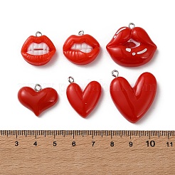 不透明樹脂ペンダント12個  リップチャーム  プラチナ鉄フープ付き  レッド  18~30x19~28x5~8mm  穴：2mm&nbsp;CRES-B036-01