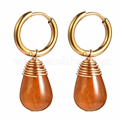 Teardrop Natural Crackle Agate Beads Huggie Hoop Earrings&nbsp;EJEW-JE04603