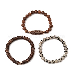 3Pcs 3 Style Natural Dalmatian & Coir Wood Bbeaded Stretch Bracelets Set&nbsp;BJEW-JB09863