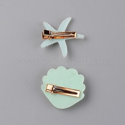 2本の鉄ワニのヘアクリップセット  樹脂カボション付き  ヒトデ＆シェル  アクアマリン  38~41x40x11~15mm  2個/セット&nbsp;PHAR-WH0008-03B