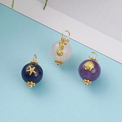 ナチュラルローズクォーツ＆アメジスト＆ラピスラズリペンダント  金メッキ合金カボション＆スペーサービーズ付き  真鍮のボールヘッドピン  ヒトデ＆タツノオトシゴ＆ホタテ貝殻の形  ラウンド  17.5x10.5x11~11.5mm  穴：3mm  3個/セット&nbsp;X-PALLOY-JF00591