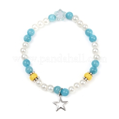 3Pcs 3 Colors Dyed Round Natural Malaysia Jade with ABS Plastic Pearl Beaded Stretch Bracelets&nbsp;BJEW-JB11643
