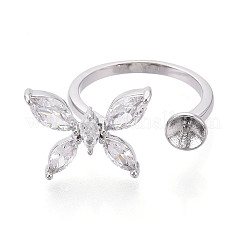 Butterfly Shape Brass Micro Pave Clear Cubic Zirconia Cuff Ring Settings for Half Drilled Beads&nbsp;KK-T076-47P