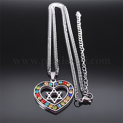 201 Stainless Steel Colorful Rhinestone Heart with Star of David Pendant Necklaces&nbsp;FS-WGF6E8D-01