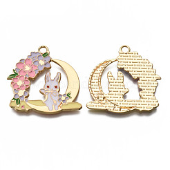 合金エナメルチャーム  ライトゴールド  カドミウムフリー＆ニッケルフリー＆鉛フリー  花とウサギ  ホワイト  32x30x2mm  穴：2mm&nbsp;ENAM-T011-113-NR